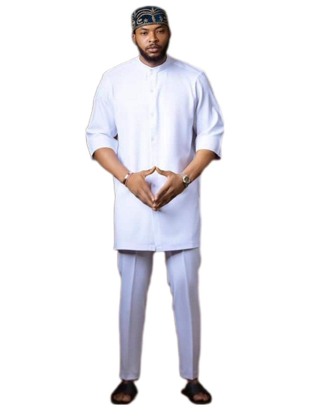 OOJ Couture Jaded Kaftan & Pants 2 Piece Menswear Set available in White - seven.streets - Liverpool