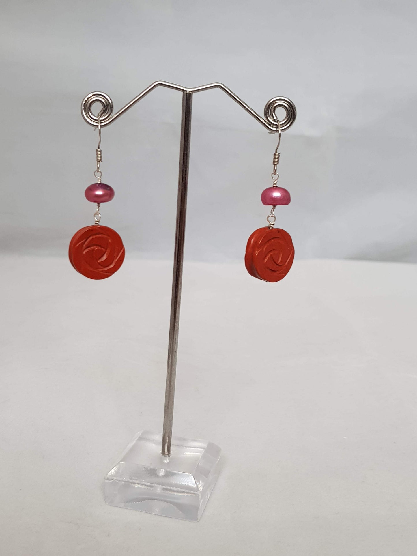 Touch of Gems: Carved Red Jasper Flower & Freshwater Pearl Drop Earrings - seven.streets - Liverpool