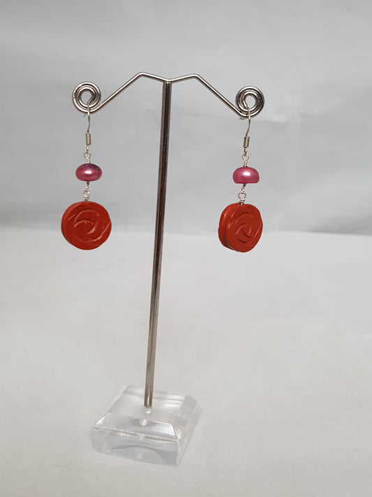 A Touch of Gems: Carved Red Jasper Flower & Freshwater Pearl Drop Earrings