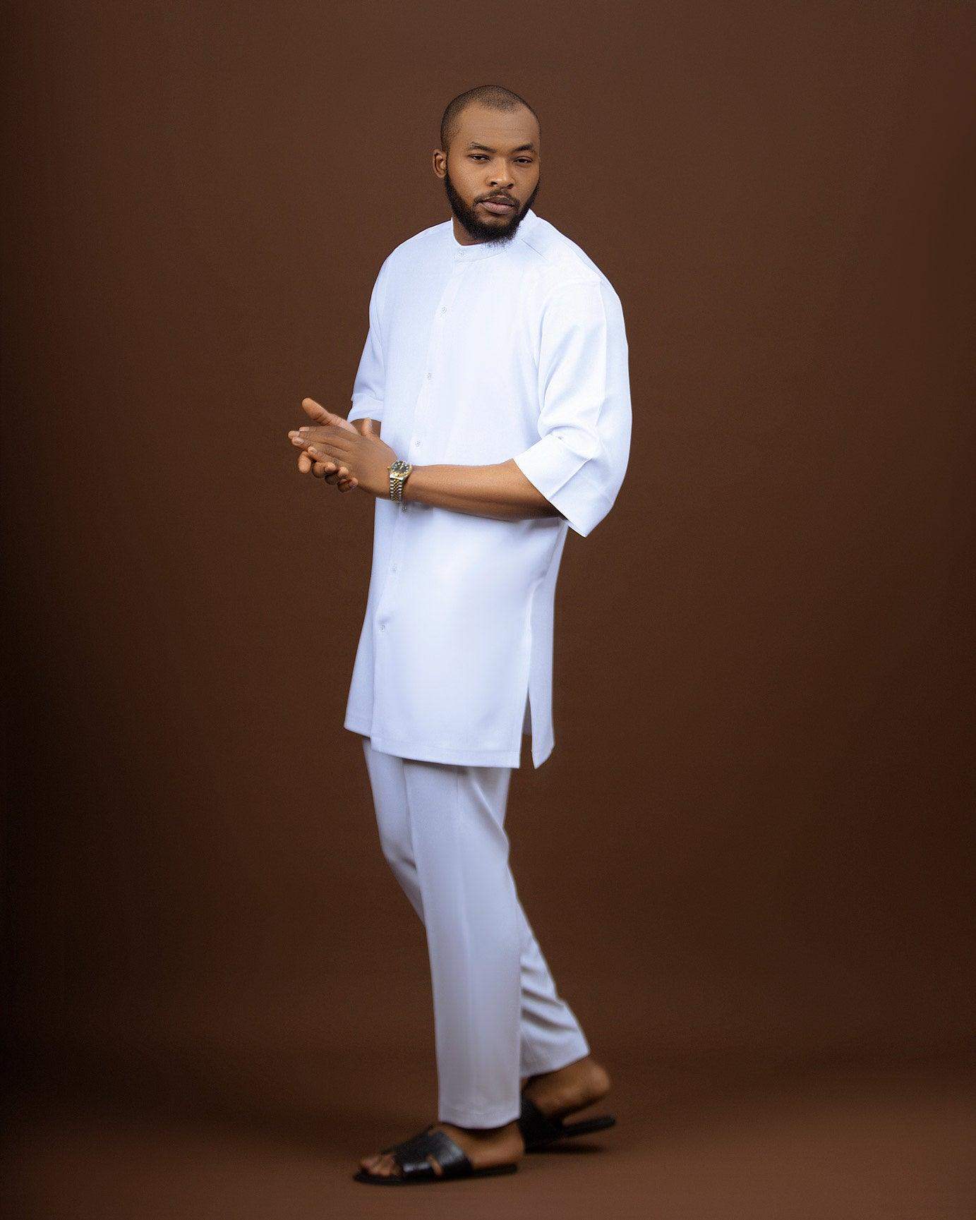OOJ Couture Jaded Kaftan & Pants 2 Piece Menswear Set available in White - seven.streets - Liverpool