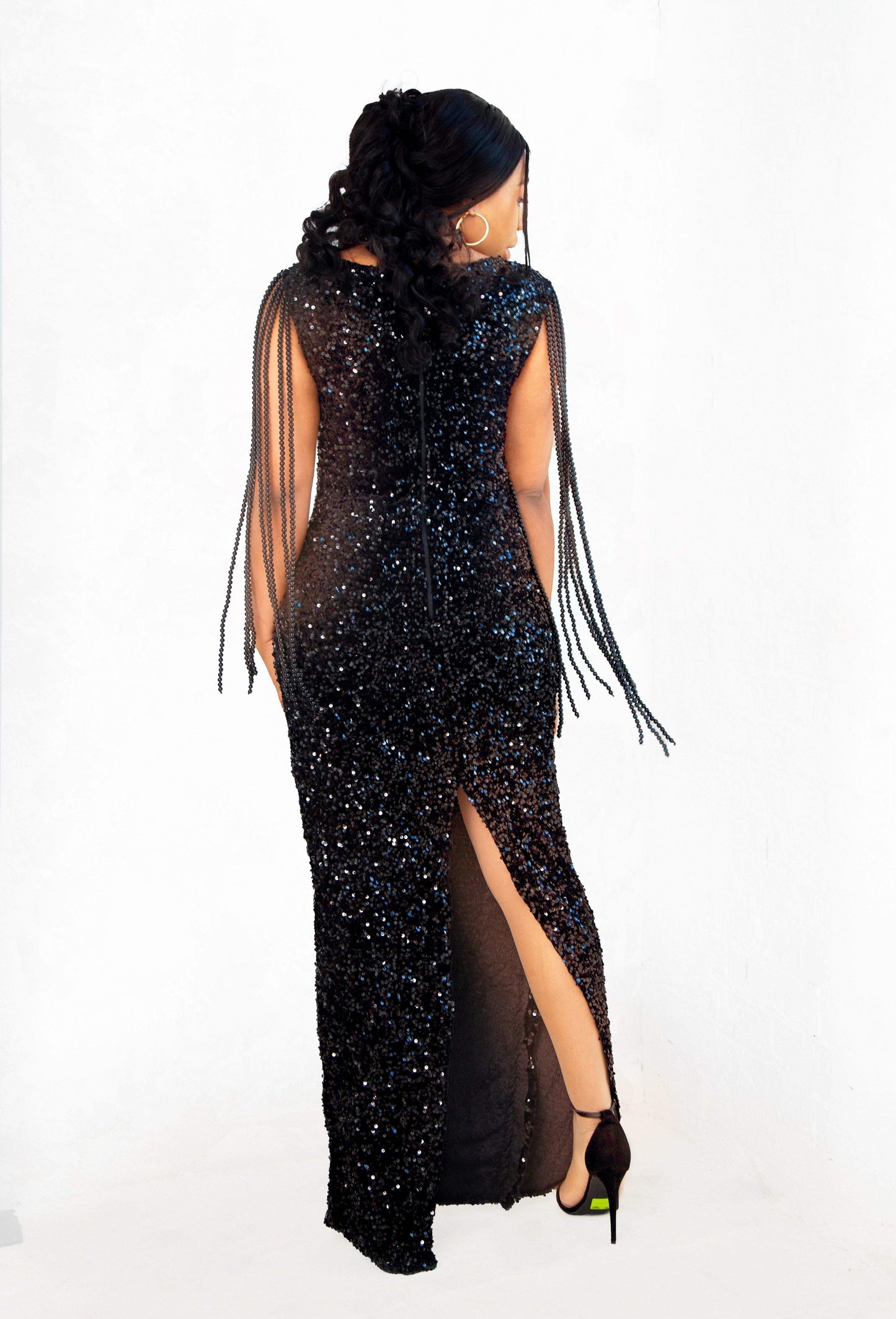 Black sequin long dress with beaded stretchy tassle sleeve