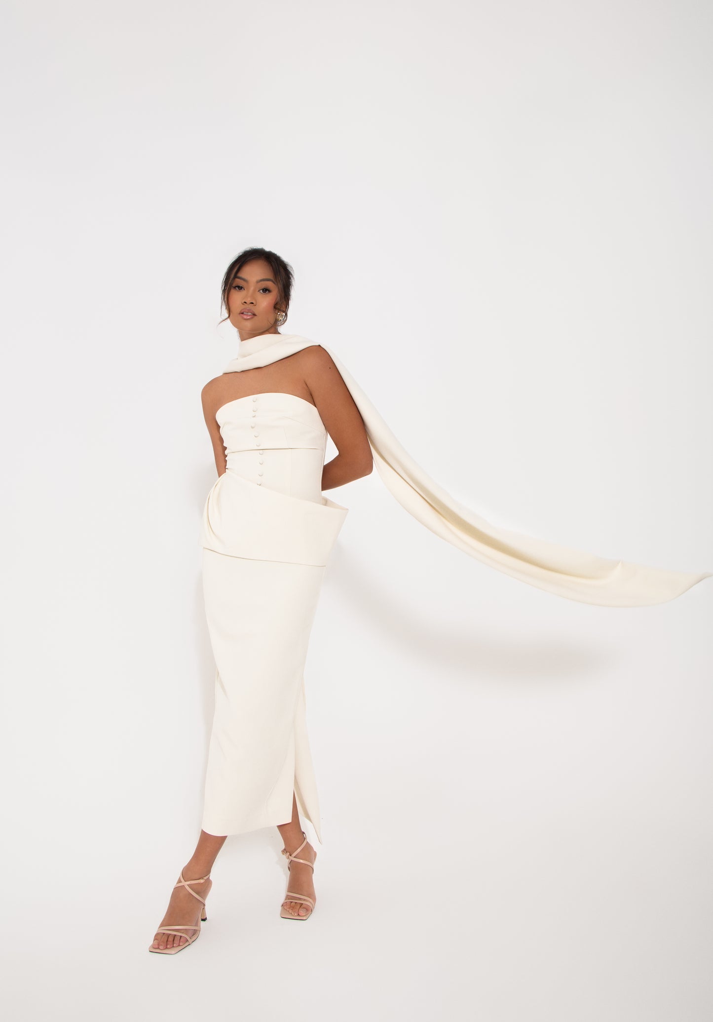 Hassana Duada - Strapless Midi Crepe Dress In Off White