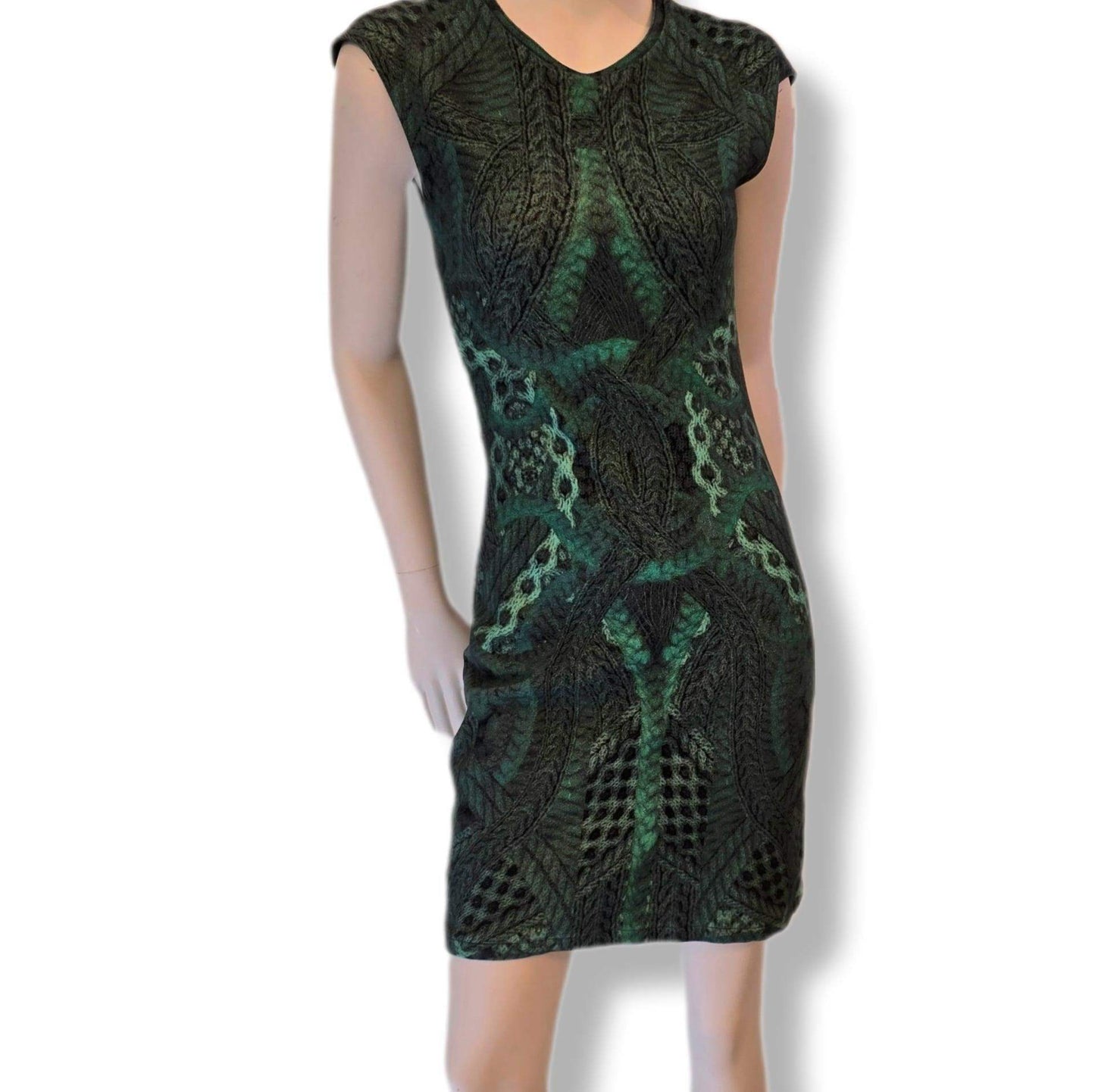 Alexander McQueen McQ vintage print dress - green bodycon, UK 10