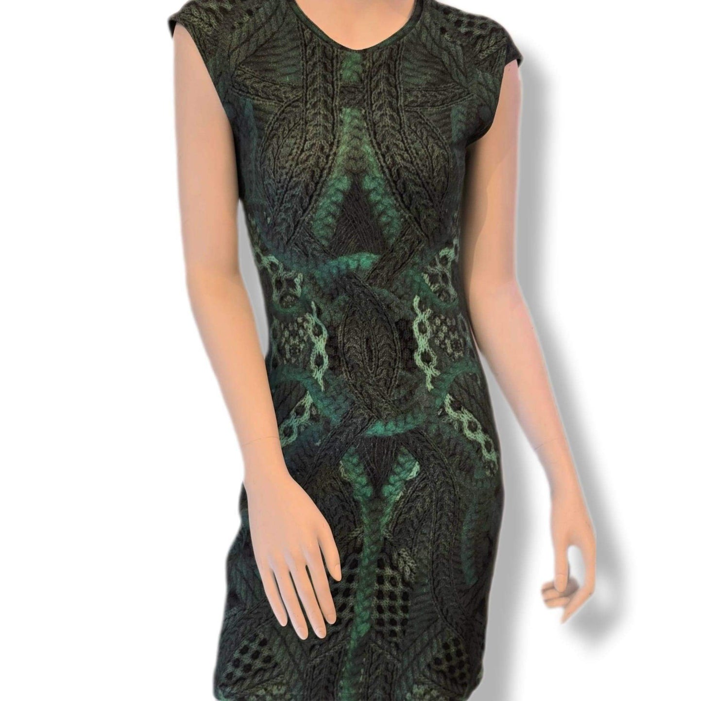 Alexander McQueen McQ vintage print dress - green bodycon, UK 10