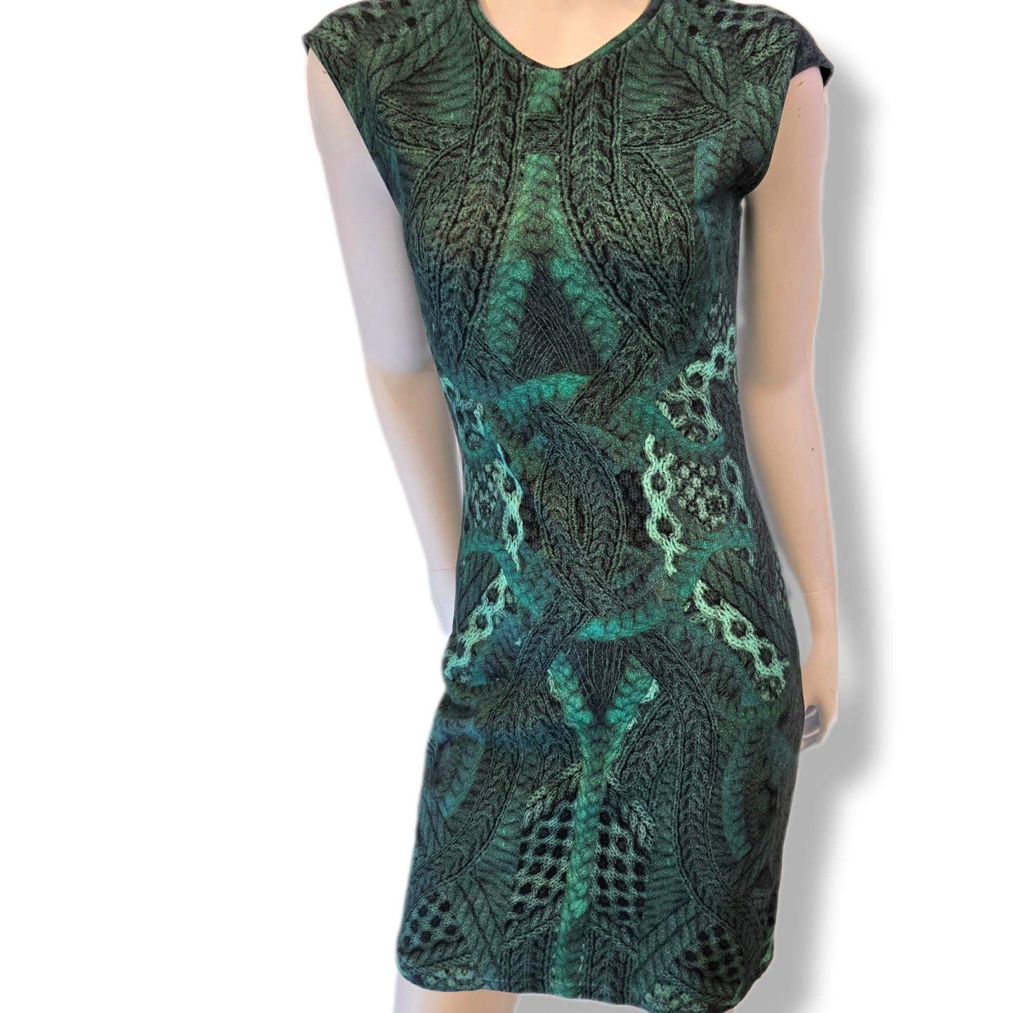 Alexander McQueen McQ vintage print dress - green bodycon, UK 10