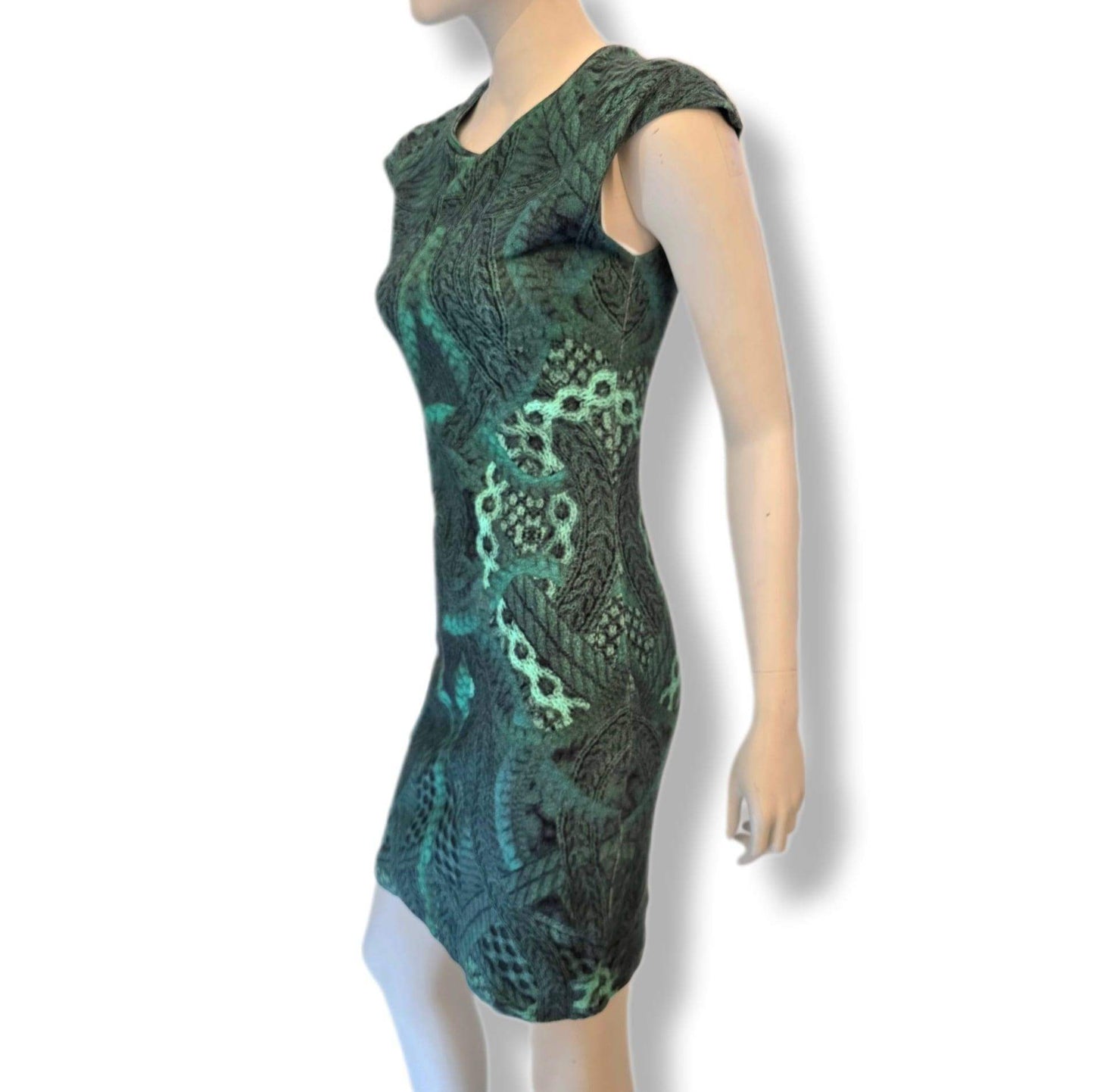 Alexander McQueen McQ vintage print dress - green bodycon, UK 10