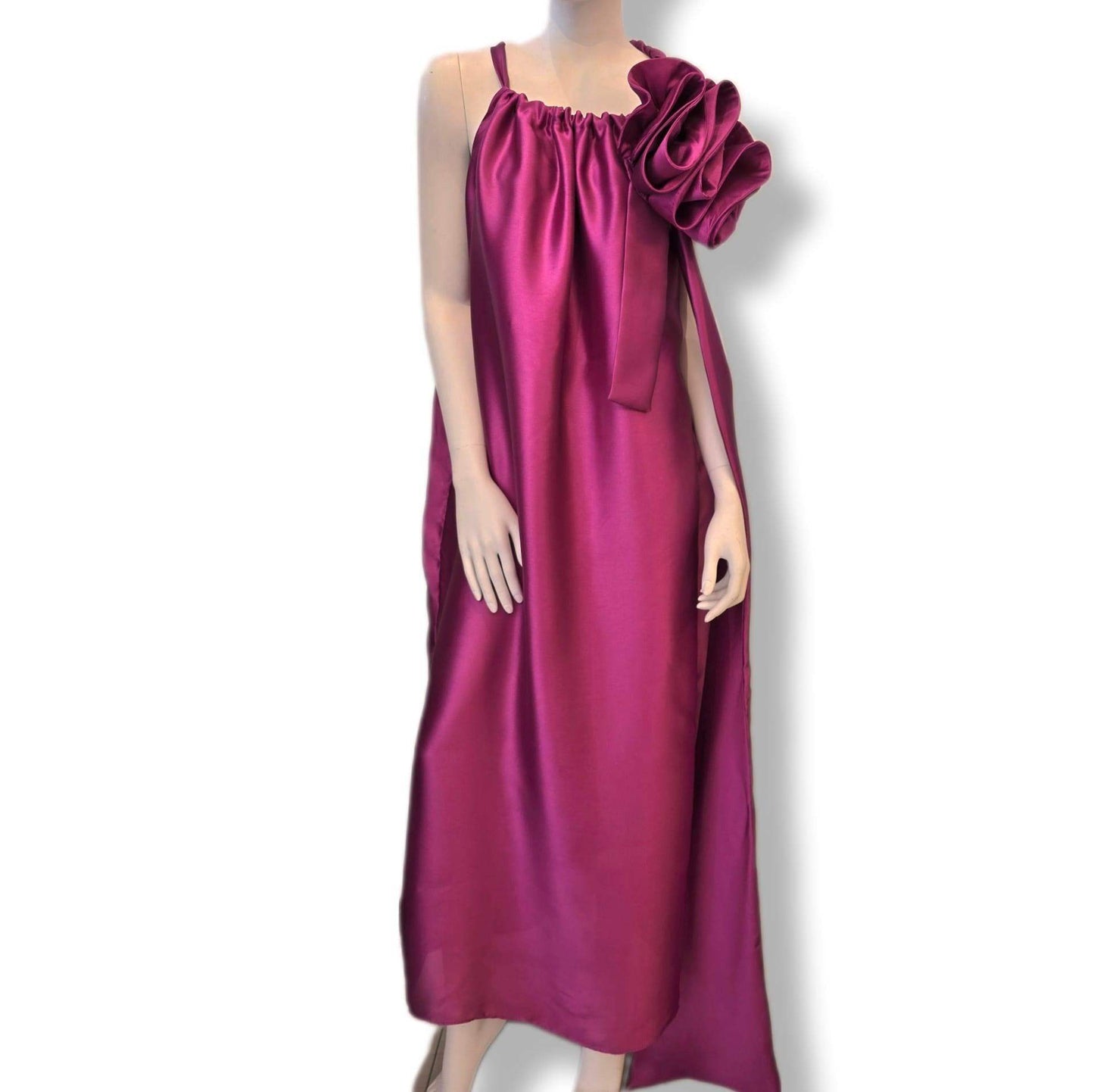 Fuchsia purple maxi dress with detachable rose – flowy & elegant UK 10 size (Medium)