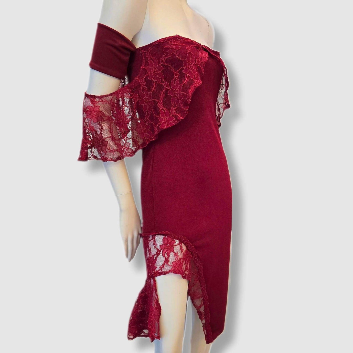 Burgundy off-the-shoulder stretch dress with lace detail