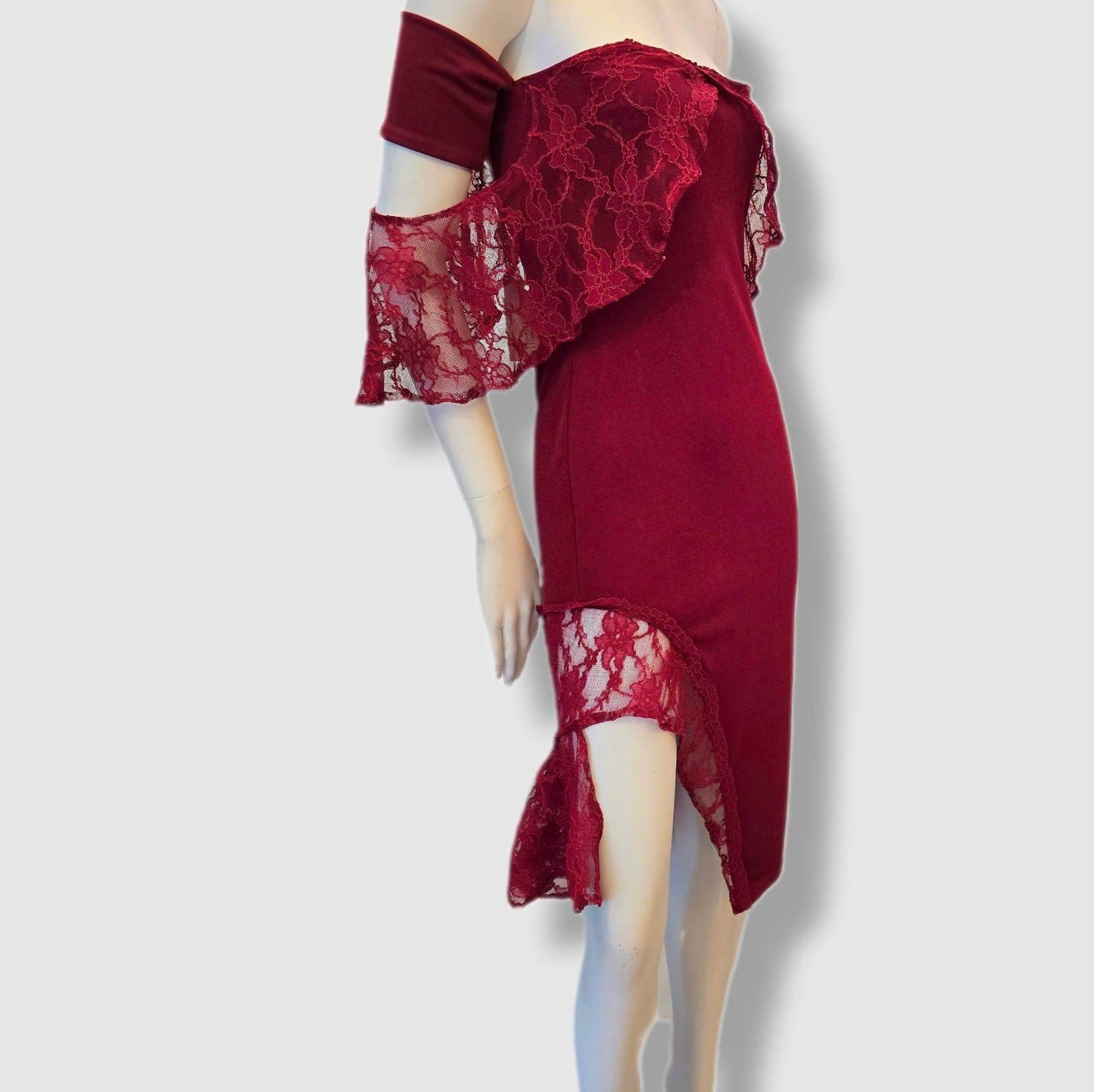 Burgundy off-the-shoulder stretch dress with lace detail