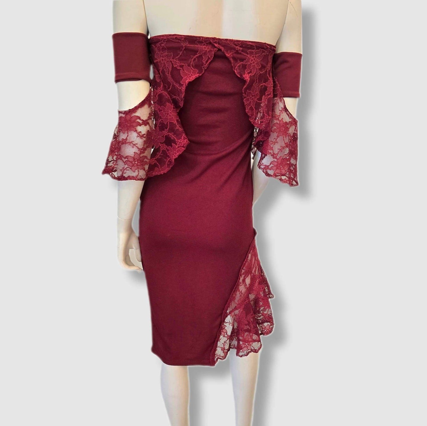 Burgundy off-the-shoulder stretch dress with lace detail