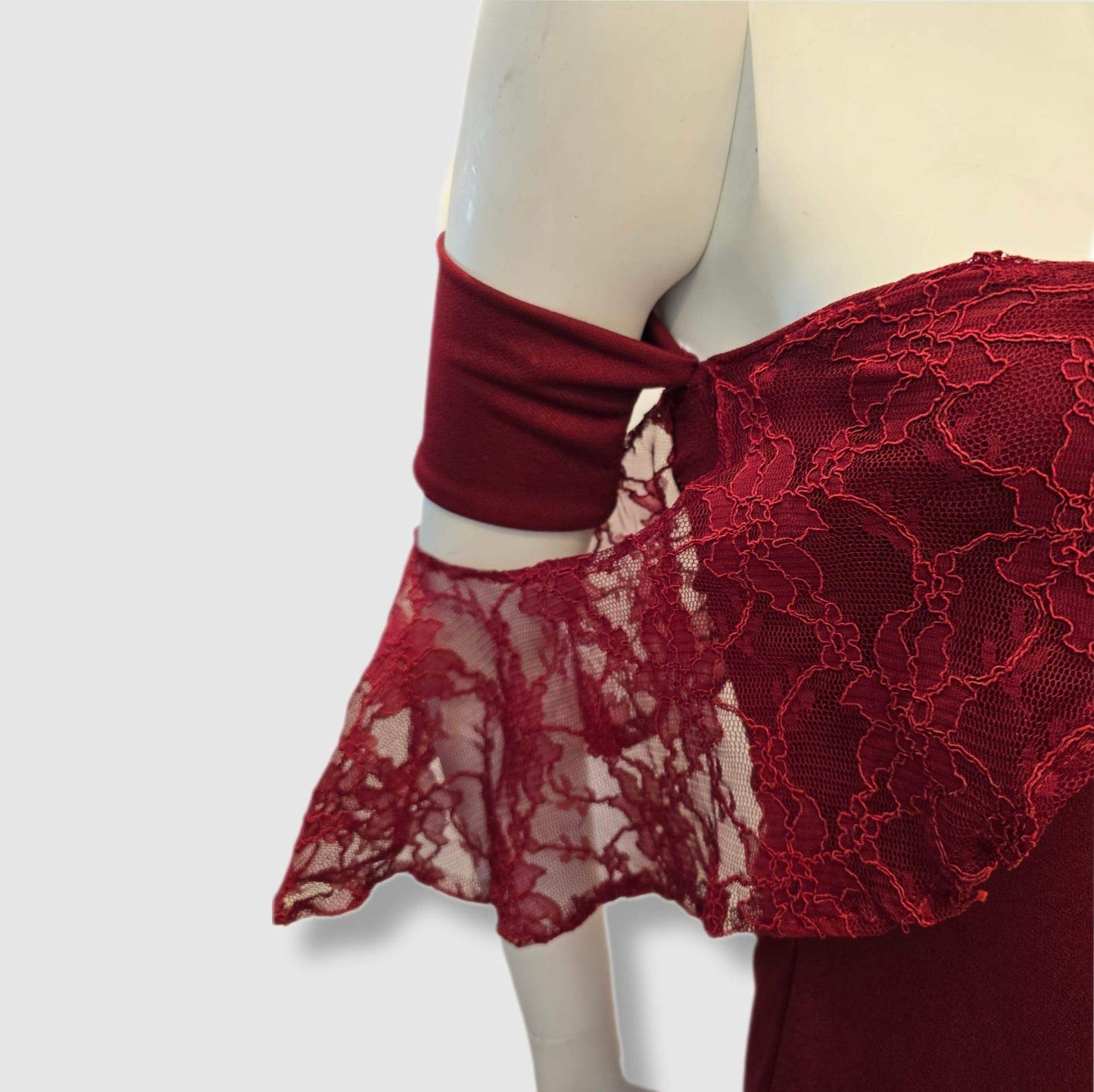 Burgundy off-the-shoulder stretch dress with lace detail