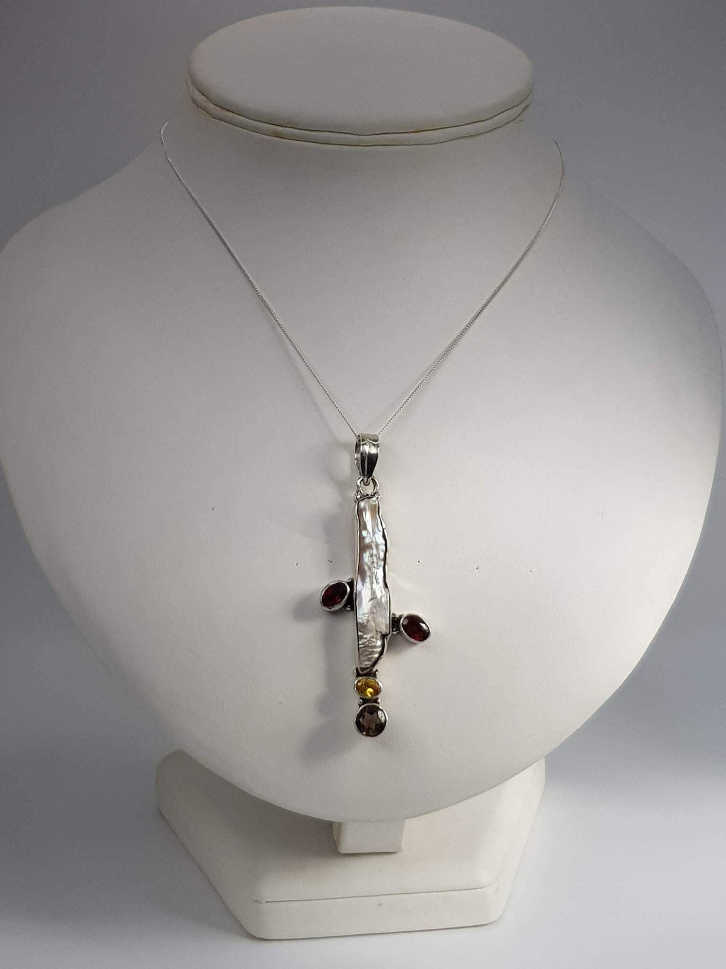 Touch of Gems: Biwa Pearl, Garnet, Citrine and Smokey Quartz Pendant Necklace - seven.streets - Liverpool