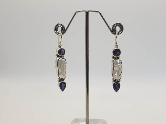 A Touch of Gems: Biwa Pearl and Iolite Earrings