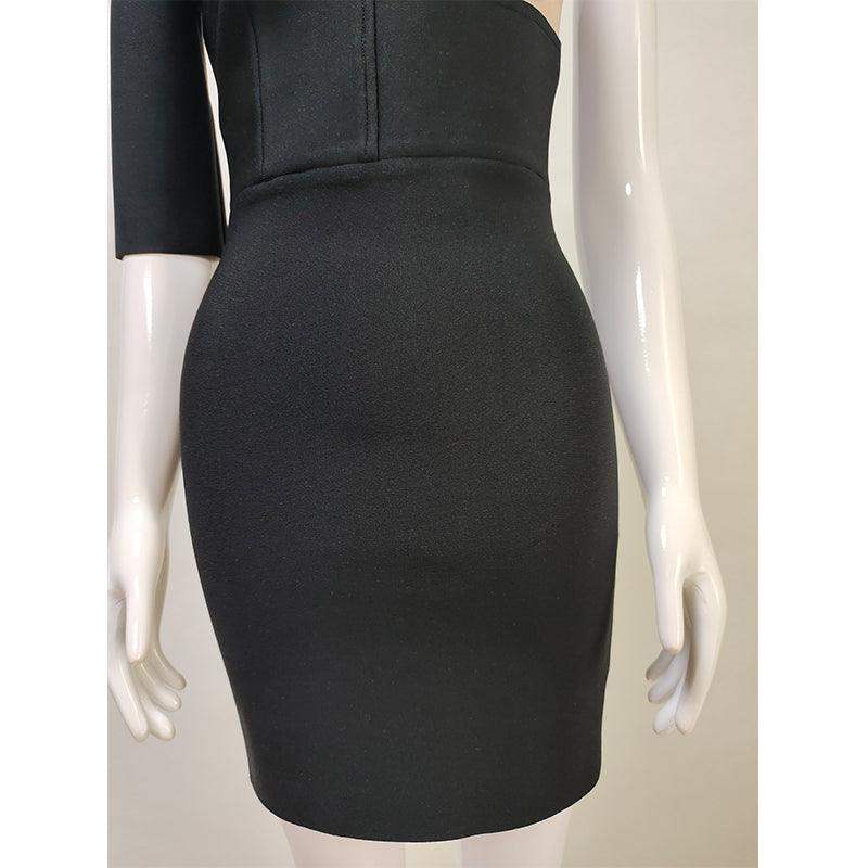 A close up photo of a mannequin wearing a Fashion Custom Designed Black and White dress.