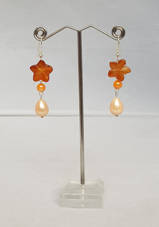 A Touch of Gems: Carnelian Flower and Shell Pearl Drop Earrings