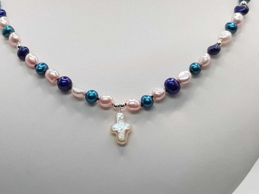 A Touch of Gems: Cross Pearl Knotted Necklace