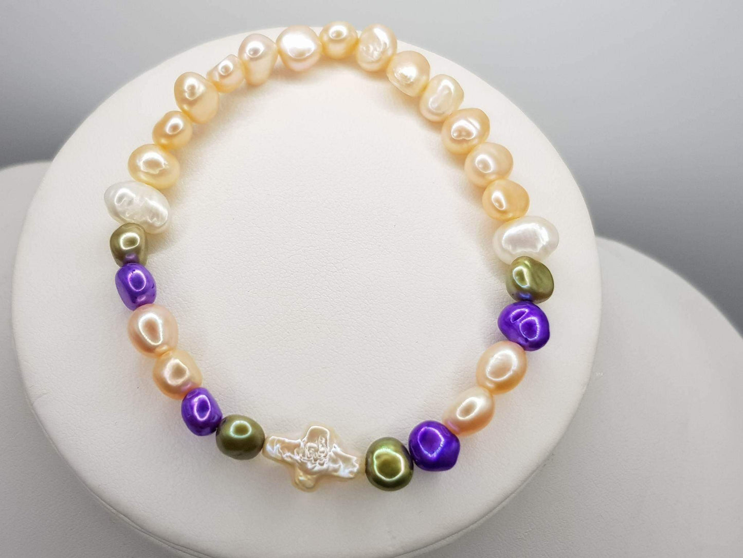 Touch of Gems: White Cross & Multi Colour Pearl Bracelet - seven.streets - Liverpool