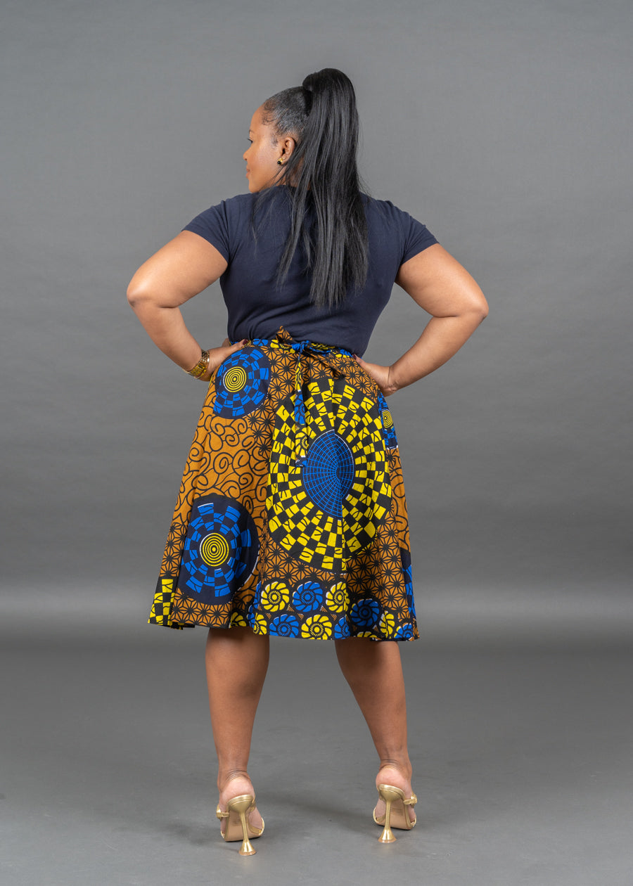 Yellow Ankara Print Knee Length Wrap Skirt UK Size 4 - 14
