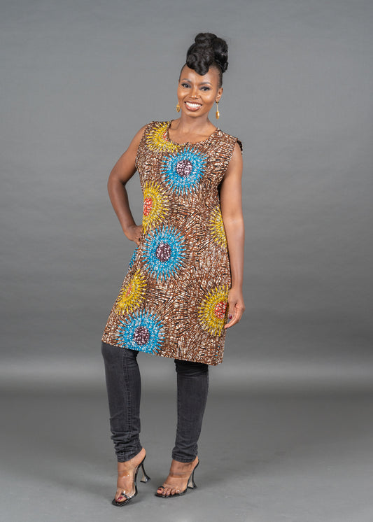 Brown Print Knee Length Dress With Pockets