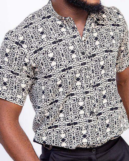 Men's Short Patterned Sleeve Shirt with Bishop Collar - seven.streets - Liverpool