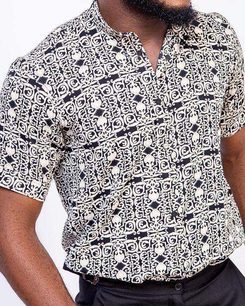 Men's Short Patterned Sleeve Shirt with Bishop Collar - seven.streets - Liverpool