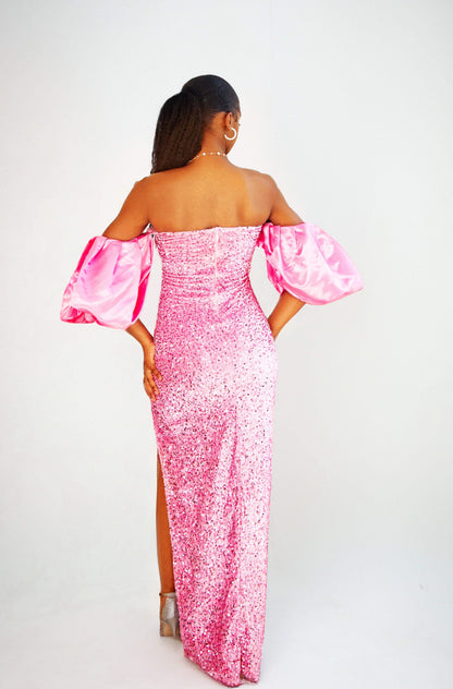 Blush pink off-the-shoulder dress with front slit – ololade atelier