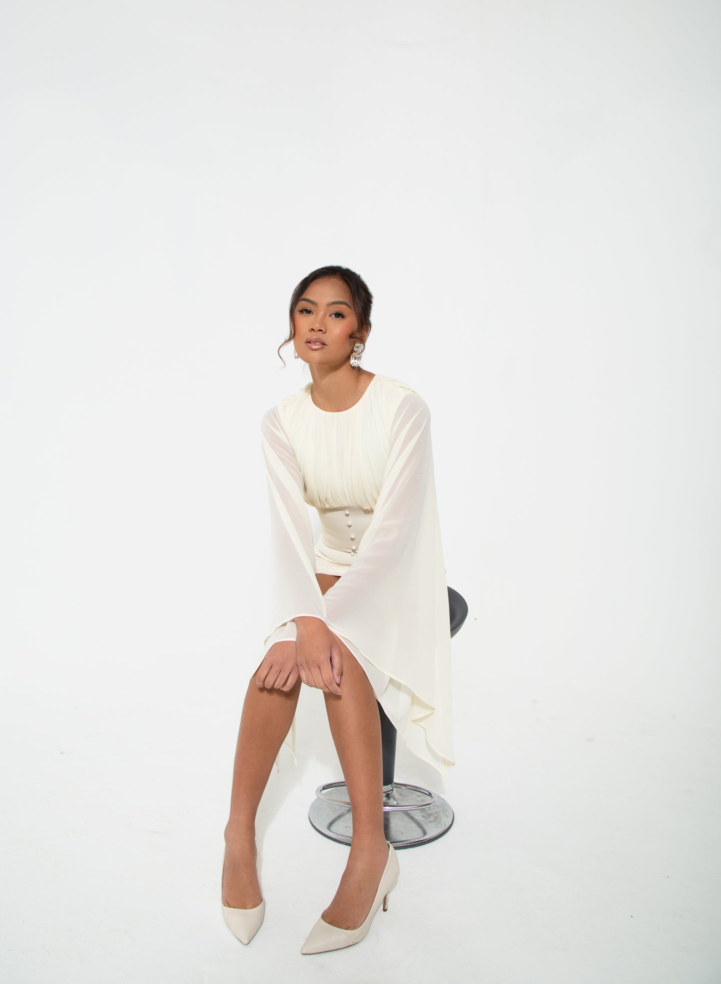 Hassana Duada Connie Bell Sleeves Mini Dress In Off White