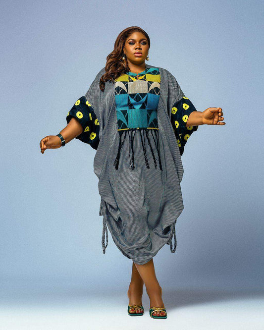 Kaftan Black/White striped Dress, with patterened features by Jazz Effect