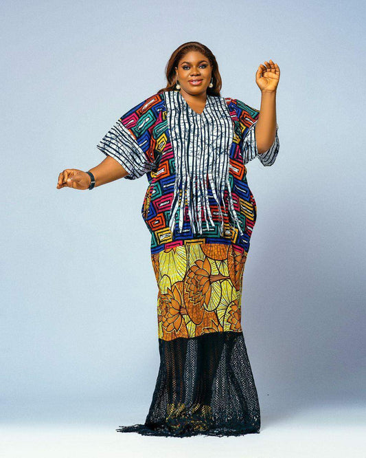 Kaftan Colourful jazzy patterened dress with see-through black bottom by Jazz Effect