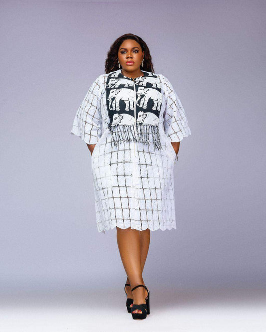White dress with Elephant print by Jazz Effect