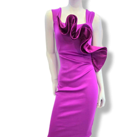 Elegant pink scuba satin dress with frill front & ruffle detail