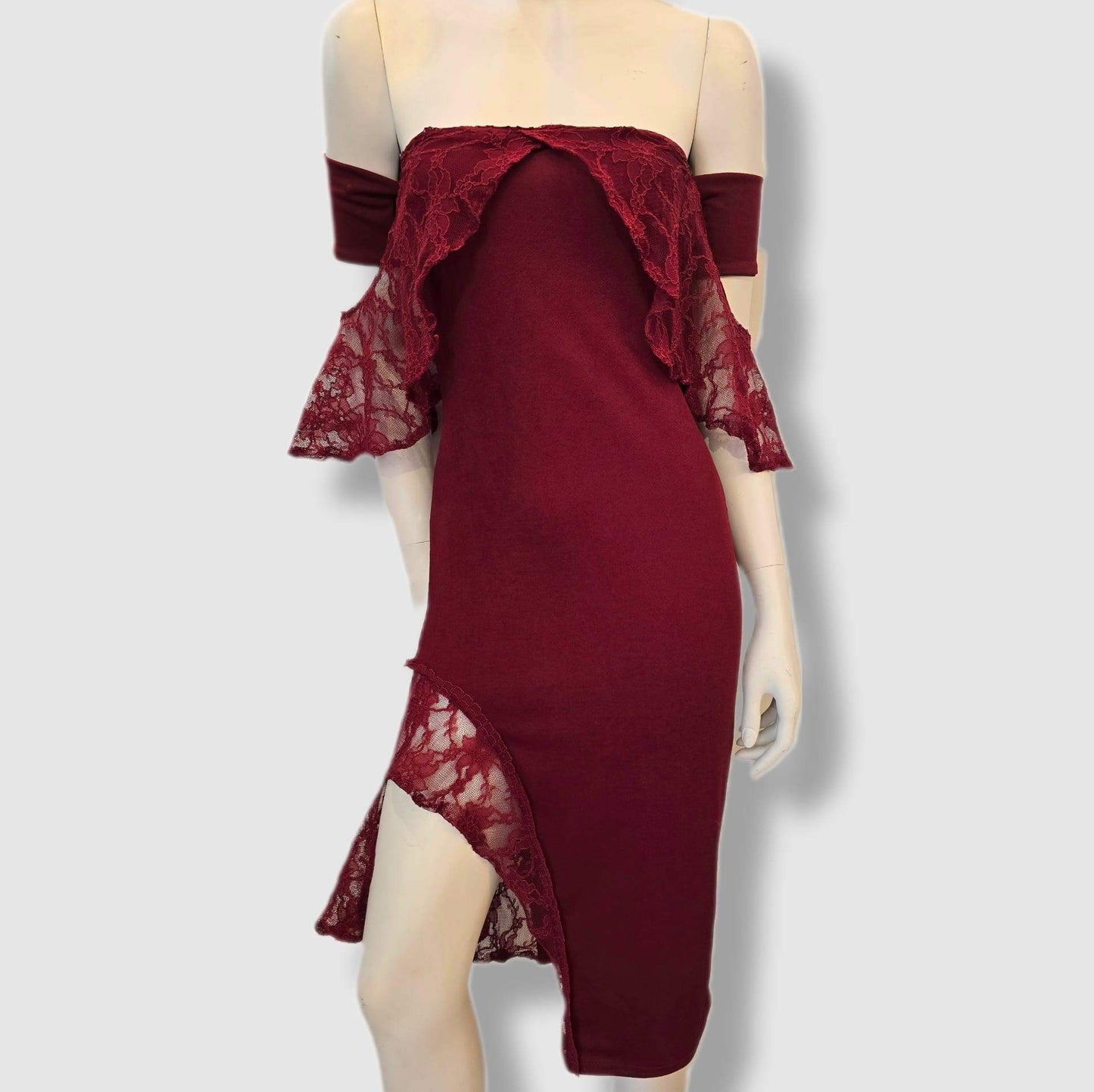 Burgundy off-the-shoulder stretch dress with lace detail