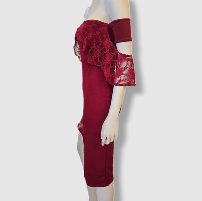 Burgundy off-the-shoulder stretch dress with lace detail