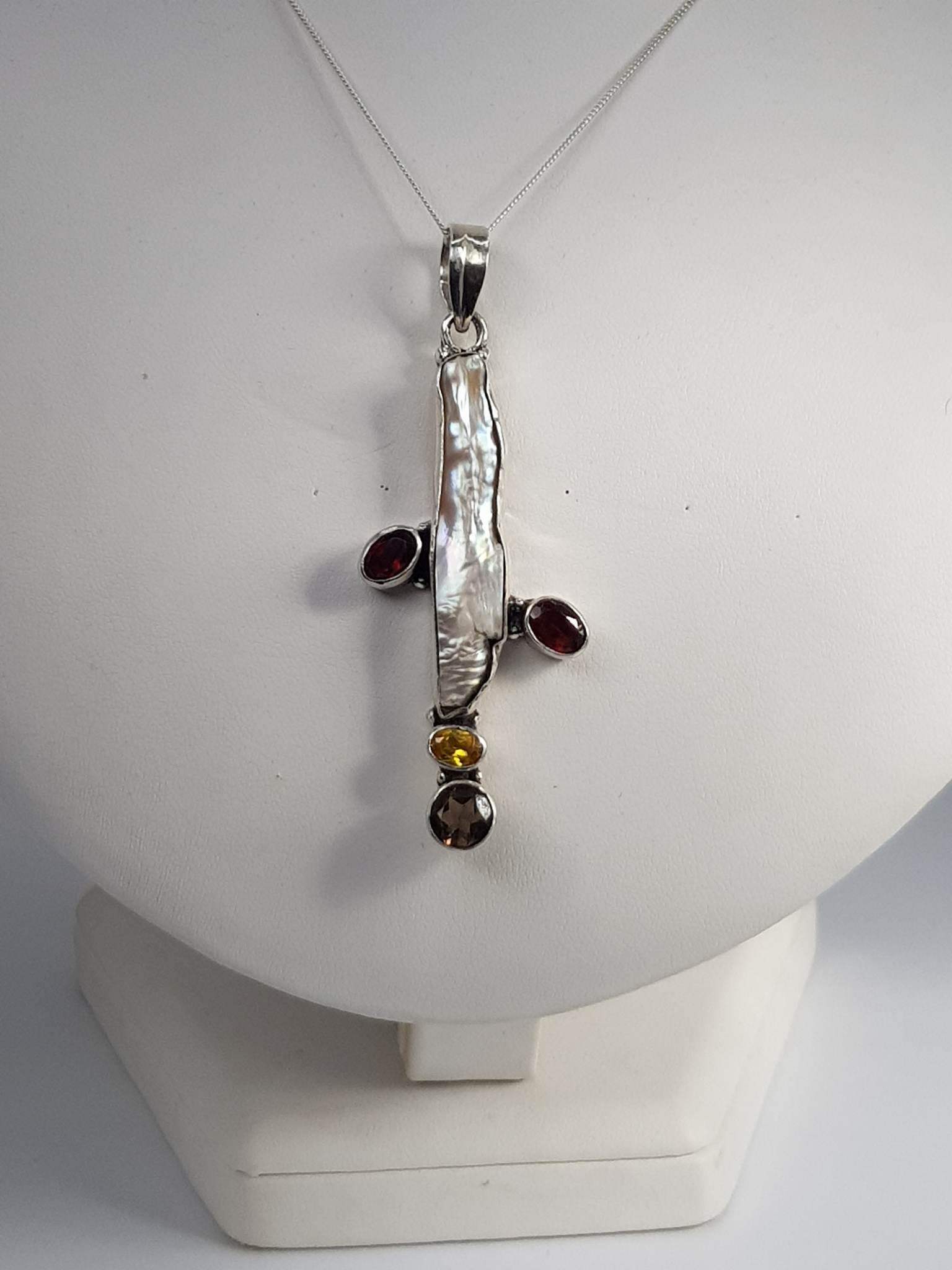 Touch of Gems: Biwa Pearl, Garnet, Citrine and Smokey Quartz Pendant Necklace - seven.streets - Liverpool