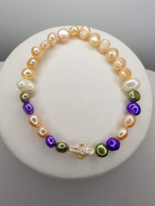Touch of Gems: White Cross & Multi Colour Pearl Bracelet - seven.streets - Liverpool