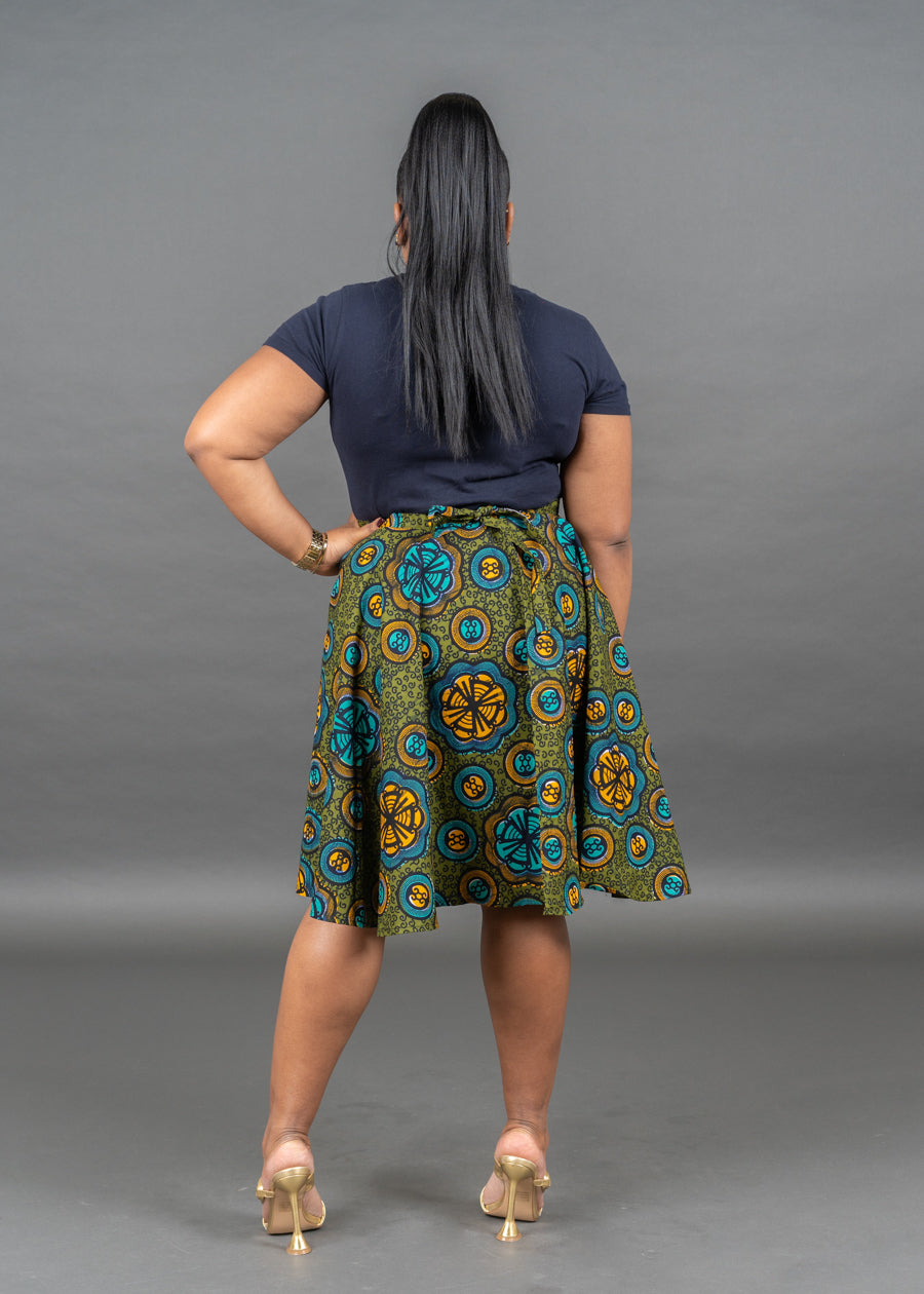 Green Print Knee Length Wrap Skirt UK Size 4 - 14
