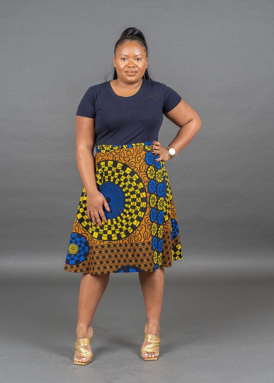 Yellow Ankara Print Knee Length Wrap Skirt UK Size 4 - 14 - seven.streets - Liverpool