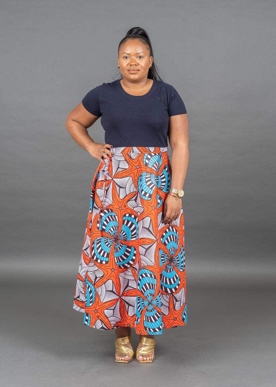 Orange Ankara Maxi Wrap Skirt Fits UK Size 4 - 14 - seven.streets - Liverpool